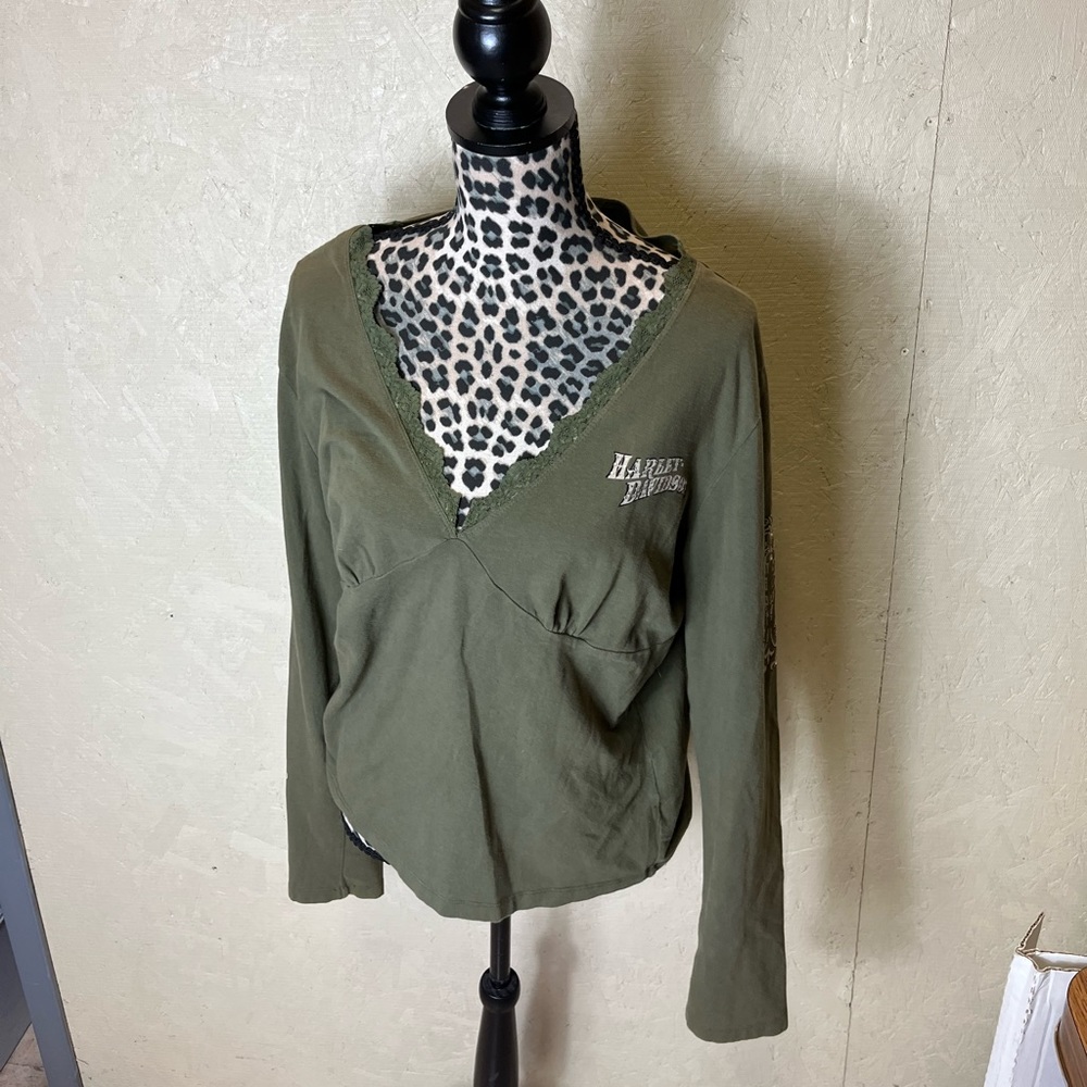 Harley-Davidson Olive Green Long Sleeve V-Neck Top